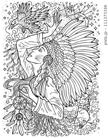 Fantasy engraved illustration with beautiful American Indian woman as witch or magician for coloring page. Hand drawn graphic line art with ethnic concept as tattoo, poster or card.  111373386