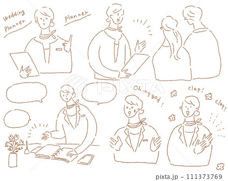 ウエディングプランナーの女性の仕事風景、カップル、線画 111373769