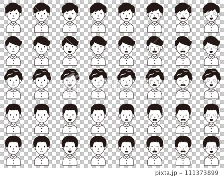 年輕男性圖示集各種表情，單色版本 111373899