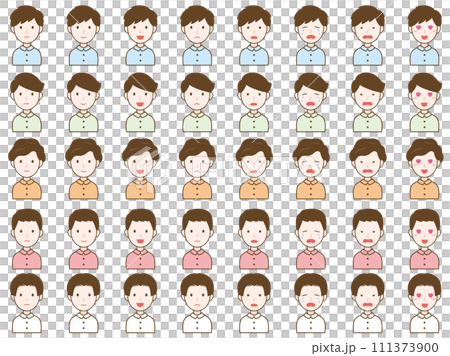 Young male icon set with various expressions, color 111373900