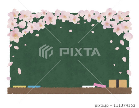 桜と黒板のフレーム、水彩画風ベクターイラスト 111374352