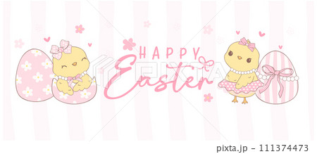 Cute Pink Coquette Easter Chicks with eggs Cartoon banner, sweet Retro Happy Easter spring animal Hand Drawing. 111374473