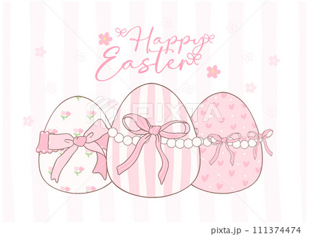 Cute Pink Coquette Easter eggs Cartoon banner, sweet Retro Happy Easter spring animal Hand Drawing. 111374474