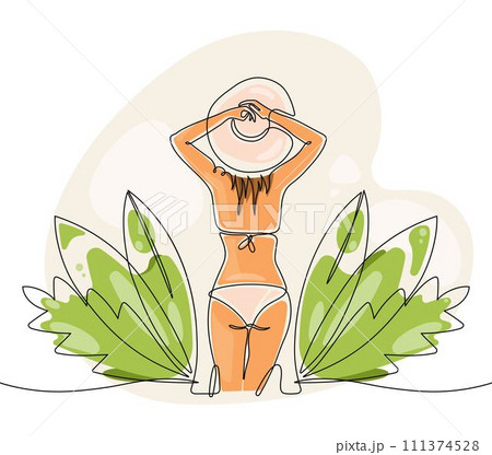 One line drawing woman in bikini and hat sunbathing on the beach. Beautiful girl in a swimsuit. Summertime concept. One line drawing woman in bikini and hat sunbathing on the beach. Beautiful girl in a swimsuit. Summertime concept. 111374528