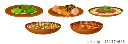 Egyptian Dish and Food Served on Plate Vector Set Egyptian Dish and Food Served on Plate Vector Set 111374646