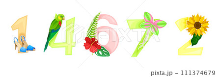 Bright Summer Number with Sunny Season Attributes Vector Set 111374679