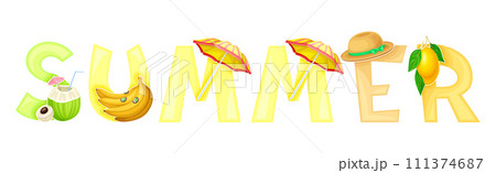 Bright Summer Word and Inscription with Sunny Season Attributes Vector Set Bright Summer Word and Inscription with Sunny Season Attributes Vector Set 111374687