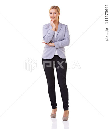 Portrait, thinking and confident business woman in studio isolated on white background for professional career. Job satisfaction, planning and vision with happy young employee in corporate fashion 111375642