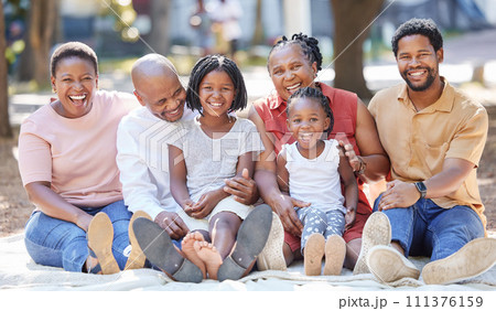 Generation of happy family, picnic in park and garden for summer in nature outdoors to relax, care and quality time together. Black people portrait of grandparents, parents and children enjoying day 111376159