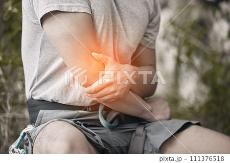 Fitness, injury and hiker with elbow muscle pain of man hiking, workout or training outdoor in nature. Overlay of sports athlete with medical joint tension from intense exercise activity. Fitness, injury and hiker with elbow muscle pain of man hiking, workout or training outdoor in nature. Overlay of sports athlete with medical joint tension from intense exercise activity. 111376518