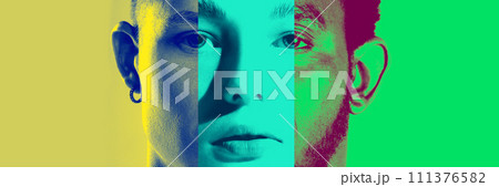 Collage. Cropped faces of young people of different age, gender and nationality forming human face against multicolored background. Duotone 111376582