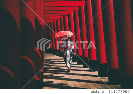 Asian girl in kimono and umbrella in Japanese theme park Hinoki Land in Chai Prakan District, Chiang Asian girl in kimono and umbrella in Japanese theme park Hinoki Land in Chai Prakan District, Chiang 111377066