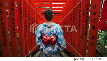 Woman, Japanese and temple or back for traditional culture for respect Tokyo travel, spirituality or history. Female person, kimono and walking staircase at shinto building, worship peace or explore Woman, Japanese and temple or back for traditional culture for respect Tokyo travel, spirituality or history. Female person, kimono and walking staircase at shinto building, worship peace or explore 111377080