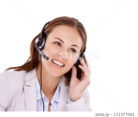 Woman, callcenter and headset for phone call with communication, telecom and CRM on white background. Customer service, telemarketing and help desk agent in studio with contact us and tech support 111377081