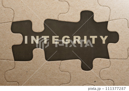 Piece of missing jigsaw puzzle with integrity text 111377287