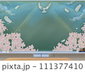 満開の桜並木の中で輝く青空へ向かって羽ばたいていく白い鳩の黒板アート 111377410
