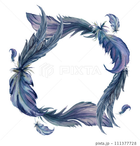 Hand drawn watercolor bird feather plume quill boho tribal ethnic indian blue. Wreath frame isolated on white background. Design for charm, amulet, dreamcatcher, scrapbooking, handmade craft, tattoo 111377728