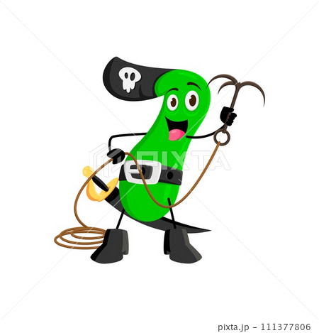 Cartoon math number seven pirate captain and corsair sailor character. Isolated vector 7 numeric personage with tricorn hat, mischievous grin, wields a grappling hook, ready for on high seas adventure Cartoon math number seven pirate captain and corsair sailor character. Isolated vector 7 numeric personage with tricorn hat, mischievous grin, wields a grappling hook, ready for on high seas adventure 111377806