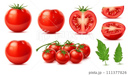 Raw realistic ripe red tomato, whole and slice, isolated cherry tomato vegetable, vector organic farm food. 3d bunch of fresh fruit with green leaves, veggie juice, sauce, salad or ketchup ingredients 111377826