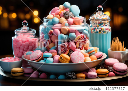 Candy bar. Colorful sweets in glass jars on the table at the party 111377827