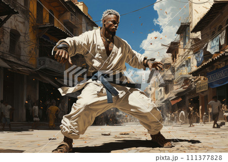 Male fighter trains capoeira on the city street Male fighter trains capoeira on the city street 111377828