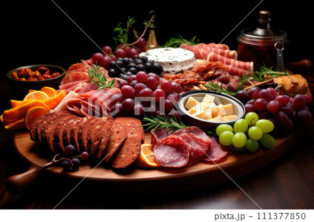 Various meat cuts, charcuterie, fruits and cheeses on a wooden board on the table 111377850