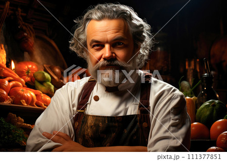 Portrait of an elderly chef in the kitchen at a restaurant Portrait of an elderly chef in the kitchen at a restaurant 111377851