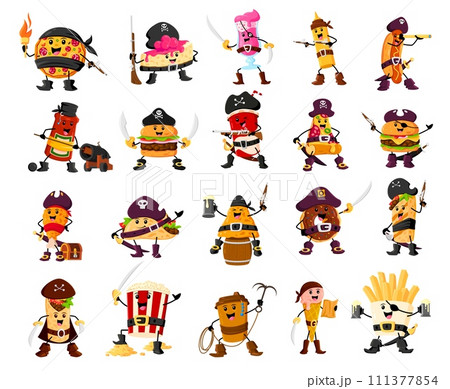 Cartoon fast food pirate and corsair characters. Vector cola, hot dog, ice cream, taco, coffee and pizza. French fries, donut, burger, nachos and pop corn. ketchup or mustard, cheesecake, and burrito Cartoon fast food pirate and corsair characters. Vector cola, hot dog, ice cream, taco, coffee and pizza. French fries, donut, burger, nachos and pop corn. ketchup or mustard, cheesecake, and burrito 111377854