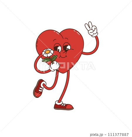 Cartoon funny groovy heart character in hippie funky art, vector comic personage. 60s and 70s hippie groovy heart character with flower, peace gesture and love face in retro groovy pop art 111377887