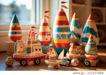 Wooden toys in a marine theme in the children's room 111377889