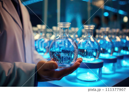 Jar with a medical drug mlm vaccine in the hand of a man at work 111377907