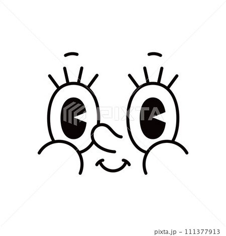 Cartoon face, groovie retro funny emoji with big eyes and nose, vector emoticon character. Comic groovy face emotion with happy or surprised wow goggle eyes and long eyelash in retro cartoon animation 111377913