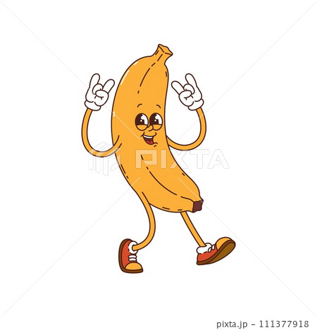 Groovy cartoon banana character in hippie comic art, vector funky personage. 60s and 70s hippie groovy banana fruit with happy face and ILY gesture in retro quirky style or groovy pop art Groovy cartoon banana character in hippie comic art, vector funky personage. 60s and 70s hippie groovy banana fruit with happy face and ILY gesture in retro quirky style or groovy pop art 111377918