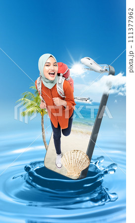 Asian girl in a scarf with a backpack standing on the beach with an ocean view on the mobile phone screen with a ferry and airplane 111377962