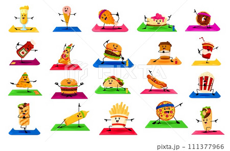 Cartoon fast food characters on yoga fitness sport. Vector cocktail, ice cream, chicken drumstick and cheesecake. Donut, ketchup or mustard bottles, pizza, burger, cola and coffee cups, hot dog, taco 111377966