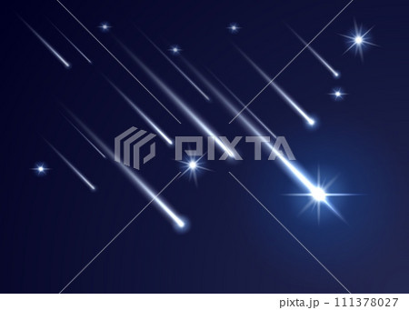 Sky shooting stars with trails, realistic falling comets and meteors. 3d vector asteroids and bolides with luminous traces streak across night heaven in mesmerizing spectacle of celestial phenomenon 111378027