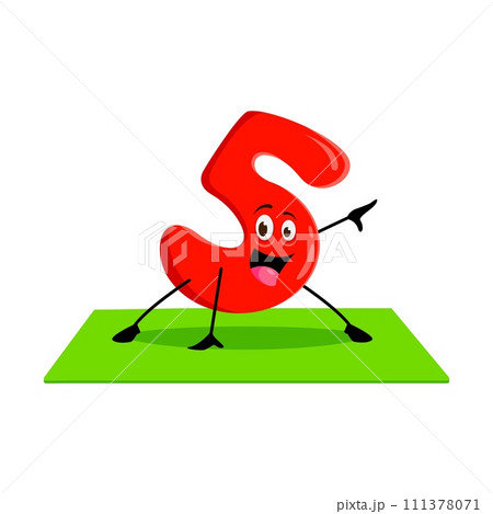 Cartoon math number five character on yoga fitness sport. Isolated vector 5 digit stretches and bends forming asana poses, turning mathematical learning into an entertaining numerical adventure 111378071