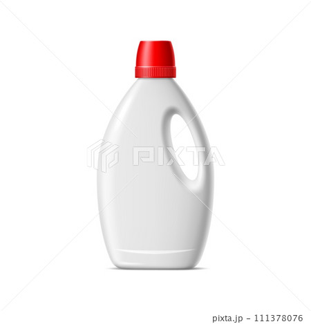 Realistic laundry detergent or softener liquid bottle, vector container package mockup. White plastic bottle of washing detergent or fabric conditioner bottle realistic mock up with red measure cap 111378076