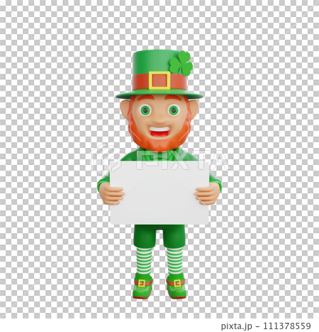3D illustration of St. Patrick's Day character leprechaun holding a blank board sign 111378559