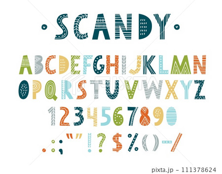 Scandinavian font, nordic type, traditional folk typeface, english alphabet letters and numbers. Vector typography abc characters for kids nursery. Childish font with floral boho and hygge patterns Scandinavian font, nordic type, traditional folk typeface, english alphabet letters and numbers. Vector typography abc characters for kids nursery. Childish font with floral boho and hygge patterns 111378624