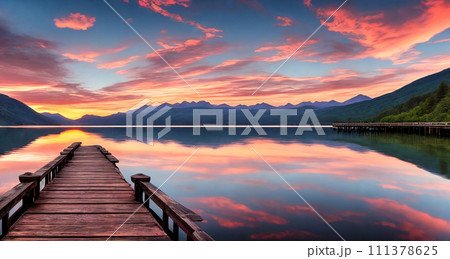 AI-generated content. Wooden pier on a lake at sunset. Generative AI 111378625