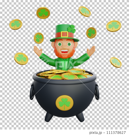 3D illustration of St. Patrick's Day character leprechaun inside a cauldronsurrounded by golden coin 3D illustration of St. Patrick's Day character leprechaun inside a cauldronsurrounded by golden coin 111378627