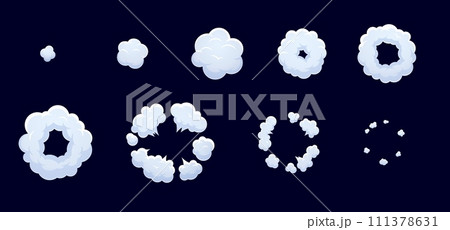 Smoke cloud explosion sprite or bomb blast effects for cartoon animation, vector puffs. Bomb explode or boom blast clouds of energy explosives and TNT dynamite pop explosion of burst for sprite sheet 111378631