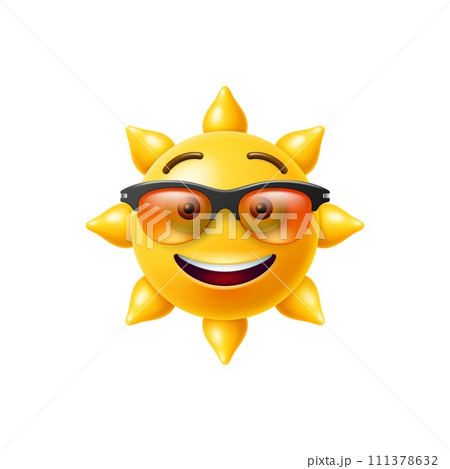 Sun emoji 3D cartoon character with face in sunglasses, vector funny smile emoticon. Cute smiling and cool yellow sunny emoji in summer sunglasses kids mascot and happy smile for cheerful character Sun emoji 3D cartoon character with face in sunglasses, vector funny smile emoticon. Cute smiling and cool yellow sunny emoji in summer sunglasses kids mascot and happy smile for cheerful character 111378632