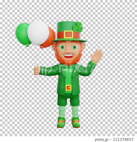 3D illustration of St. Patrick's Day character leprechaun waves hello while holding balloons 3D illustration of St. Patrick's Day character leprechaun waves hello while holding balloons 111378657