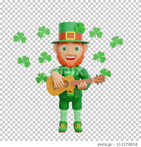 3D illustration of St. Patrick's Day character leprechaun playing a melody on his guitar 3D illustration of St. Patrick's Day character leprechaun playing a melody on his guitar 111378658