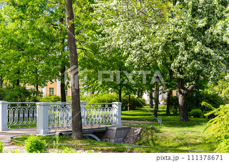 Polish garden at the Derzhavin estate. Gorgeous spring bloom. Pond, bridge Polish garden at the Derzhavin estate. Gorgeous spring bloom. Pond, bridge 111378671