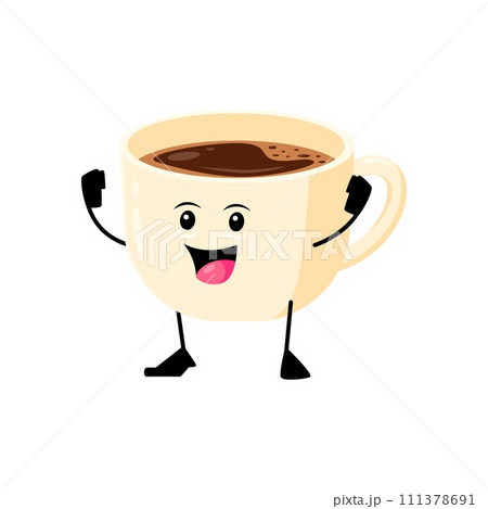 Cartoon cheerful coffee cup breakfast character. Isolated vector perky drink personage with a wide grin, adorned with aromatic foam, radiates warmth and enthusiasm, brings joy to the day in every sip 111378691