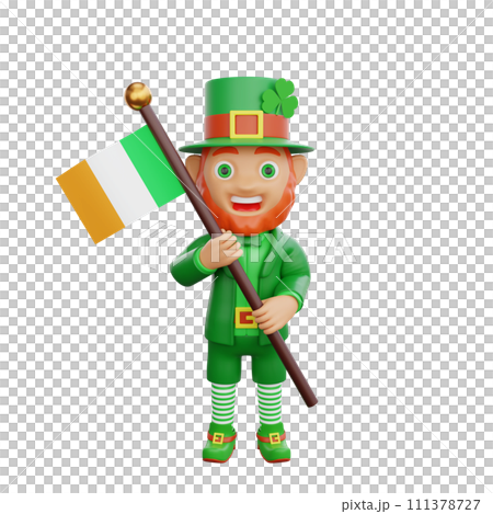 3D illustration of St. Patrick's Day character leprechaun holding the Irish flag 111378727