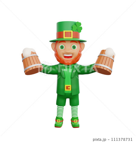 3D illustration of St. Patrick's Day character leprechaun holding two wooden mugs of beer 111378731